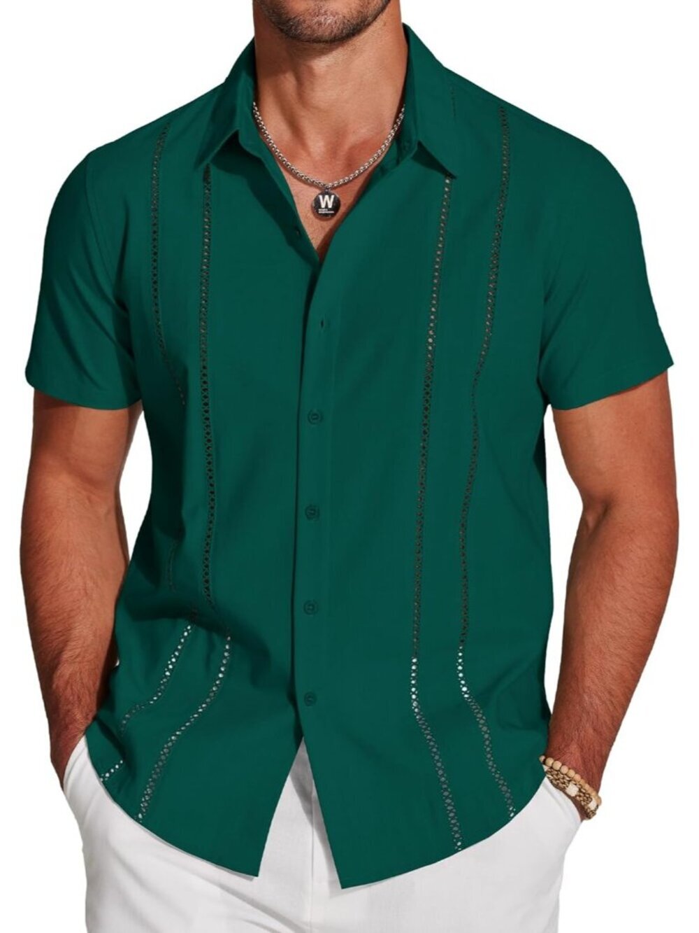 Men's Green Cuban Guayabera Shirt Short Sleeve Button Down Linen Casual Summer